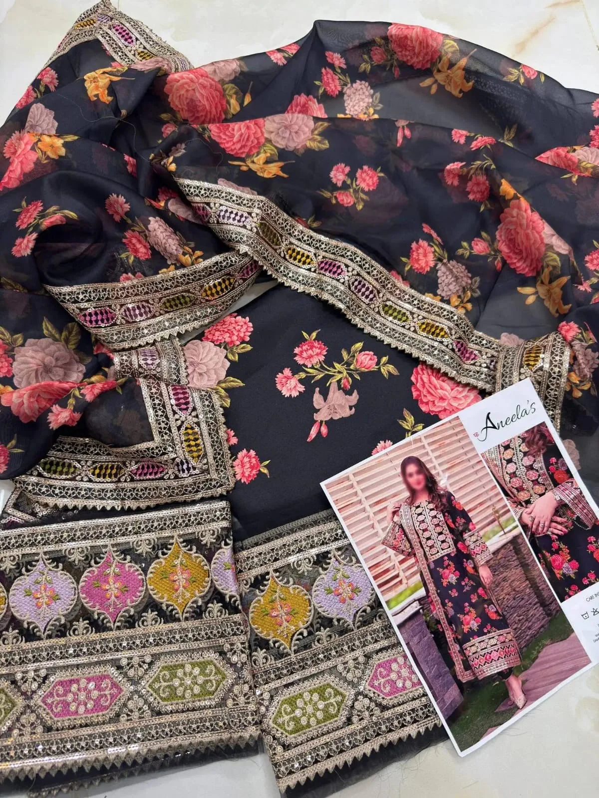 Aneelas Luxury Silk 3 Piece Unstitched (Black)