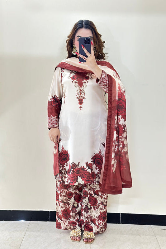 Digital Print Silk 3pcs (MEHROON PHOOL)