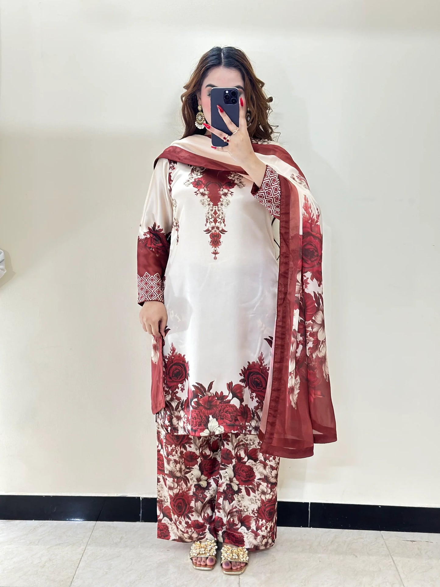 Digital Print Silk 3pcs (MEHROON PHOOL)