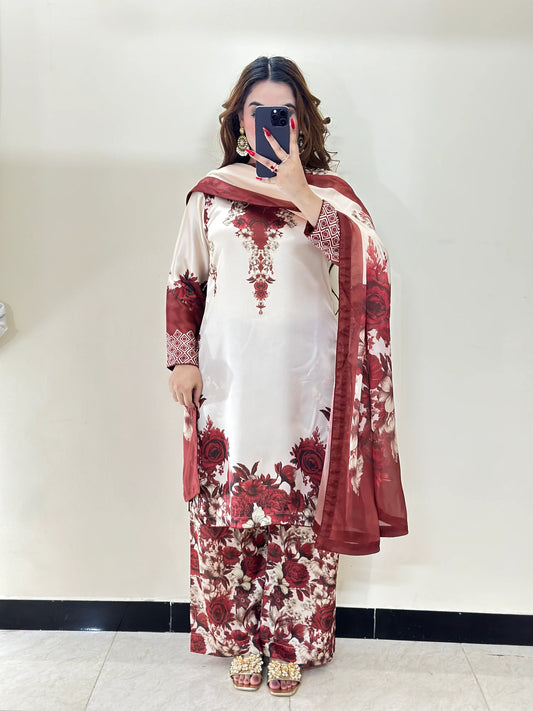 Digital Print Silk 3pcs (MEHROON PHOOL)